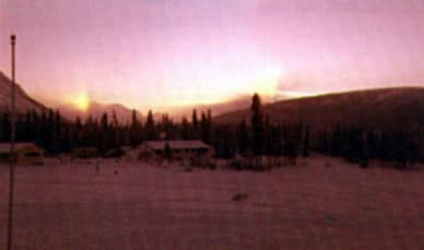 Winter morning, sunrise, blowing snow. Photographer: Joanne Marks, 1975